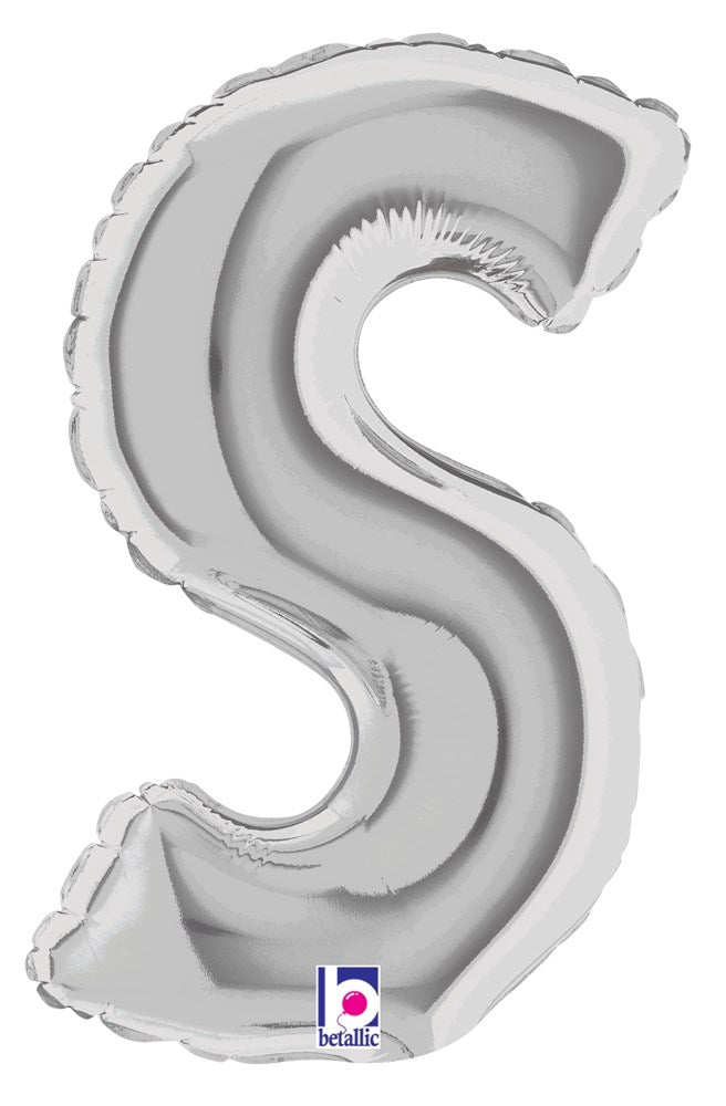 Silver metallic air-filled balloon shaped like the letter S, 7 inches tall.
