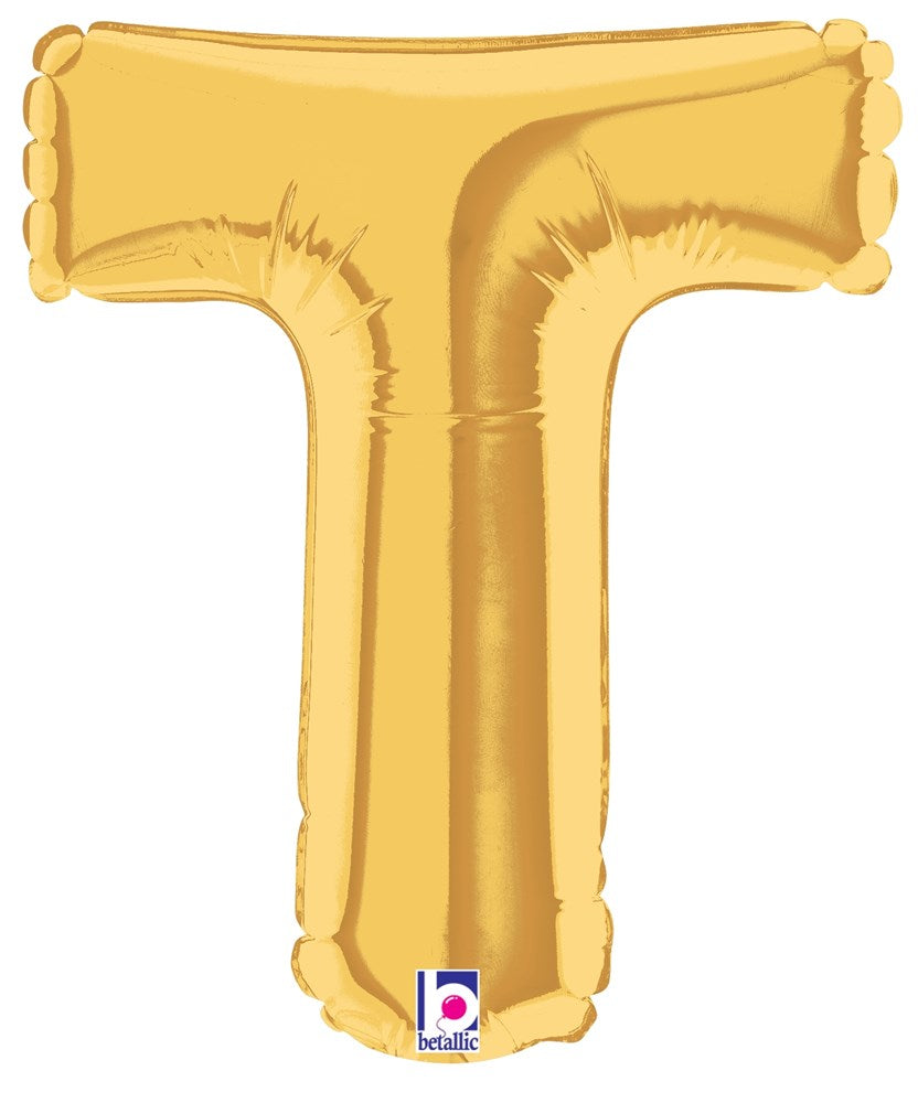 Gold metallic foil balloon shaped like the letter T, 7 inches tall, air-filled design.