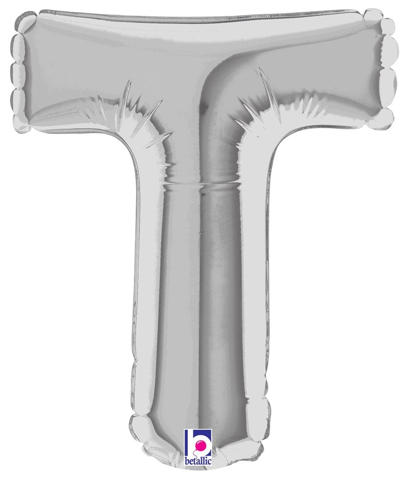 Silver metallic 7-inch air-filled foil balloon shaped like the letter T.