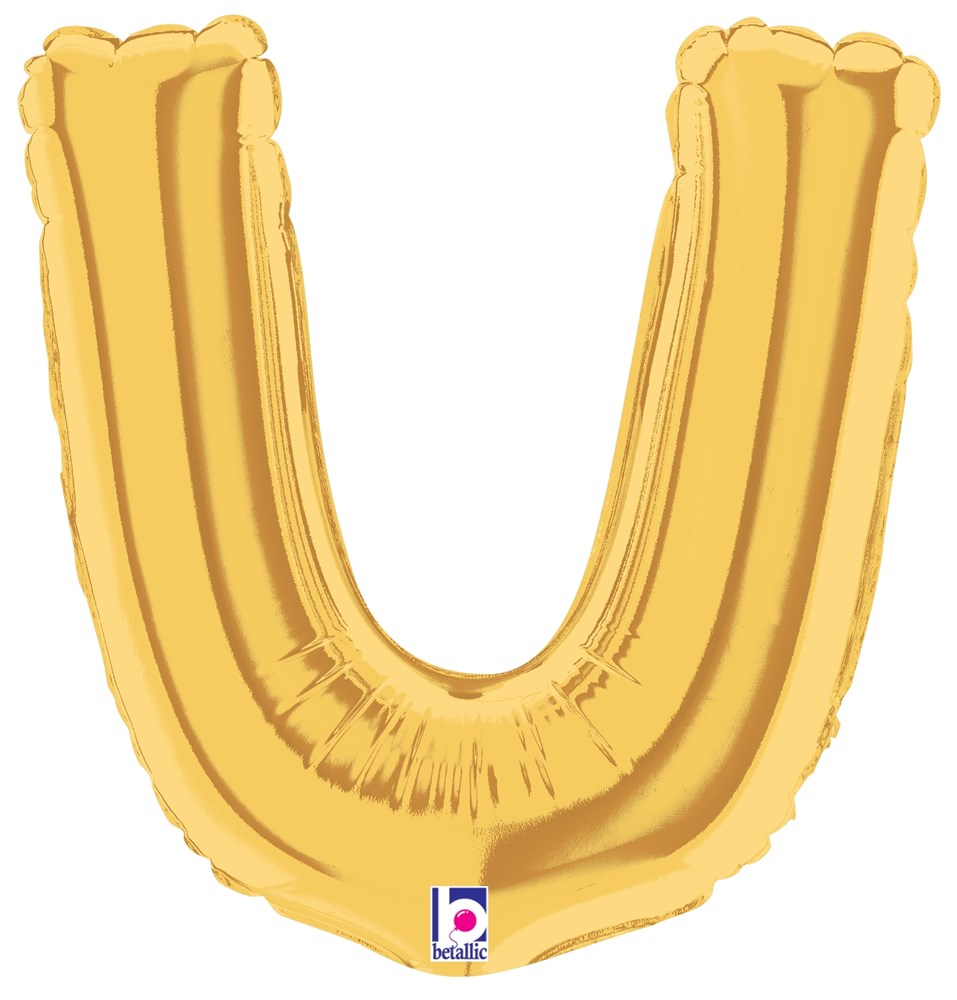 Gold metallic air-filled balloon shaped like the uppercase letter U, 7 inches tall.