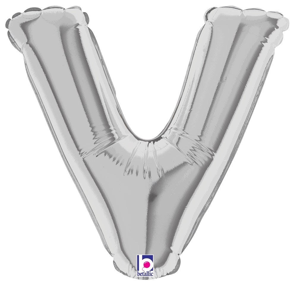 Shiny silver foil balloon shaped like the letter V, air-filled, 7 inches tall.