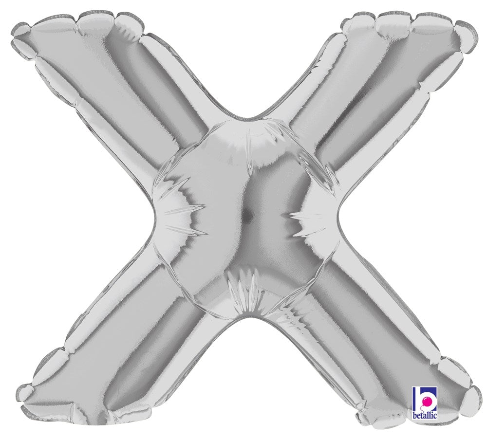 Silver metallic air-filled balloon shaped like the letter X, 7 inches tall.