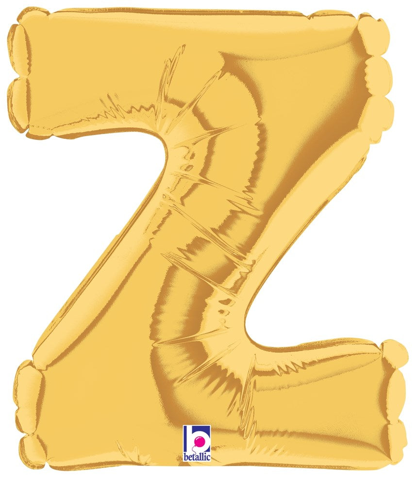Gold foil balloon shaped as the letter Z, 7 inches tall, air-filled with a shiny metallic finish.