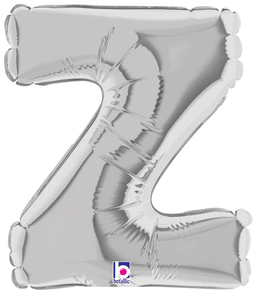 Silver metallic foil balloon shaped like the letter Z, 7 inches tall, air-filled with sealed edges.