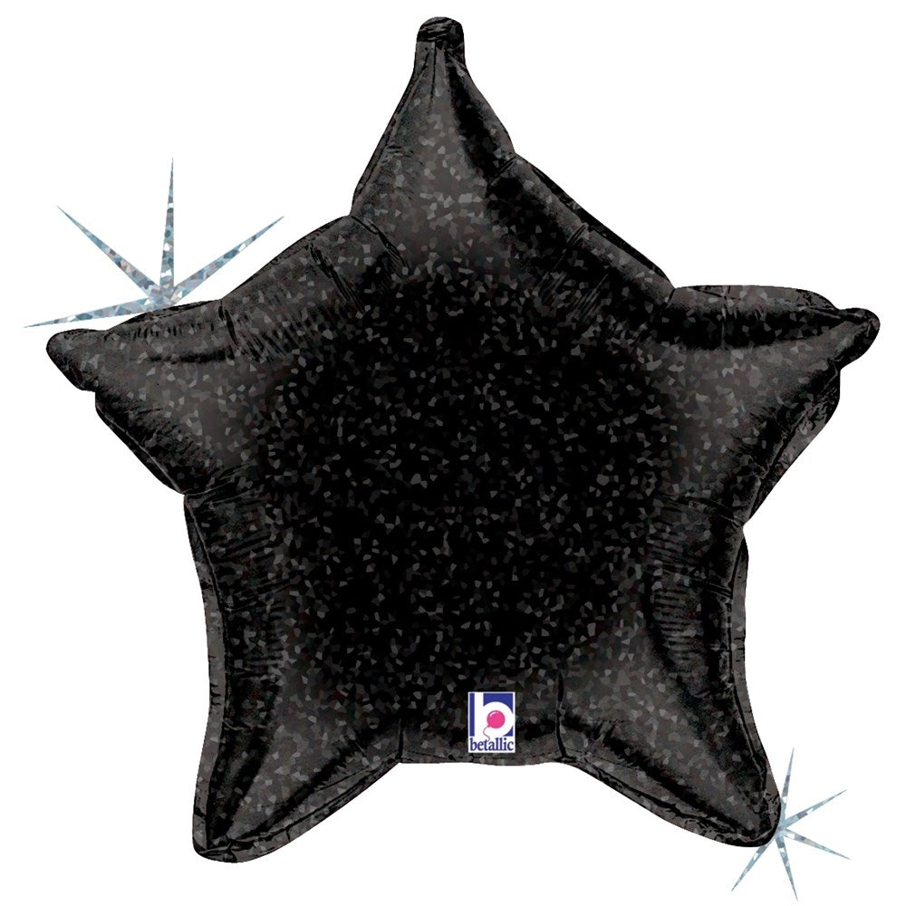 Black star-shaped foil balloon with holographic sparkle finish and five pointed edges.