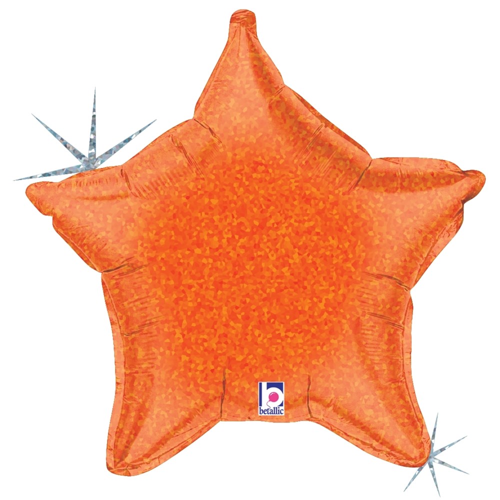 Orange holographic star-shaped foil balloon with a glossy finish and five points, 21 inches wide.