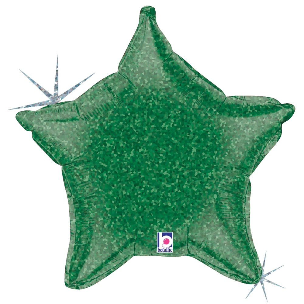 Green holographic star-shaped balloon with glittery finish and 21-inch size.