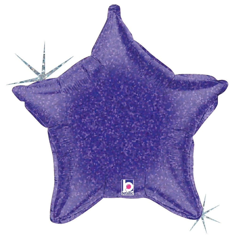 Purple holographic star-shaped balloon with shimmering reflective surface and five points.