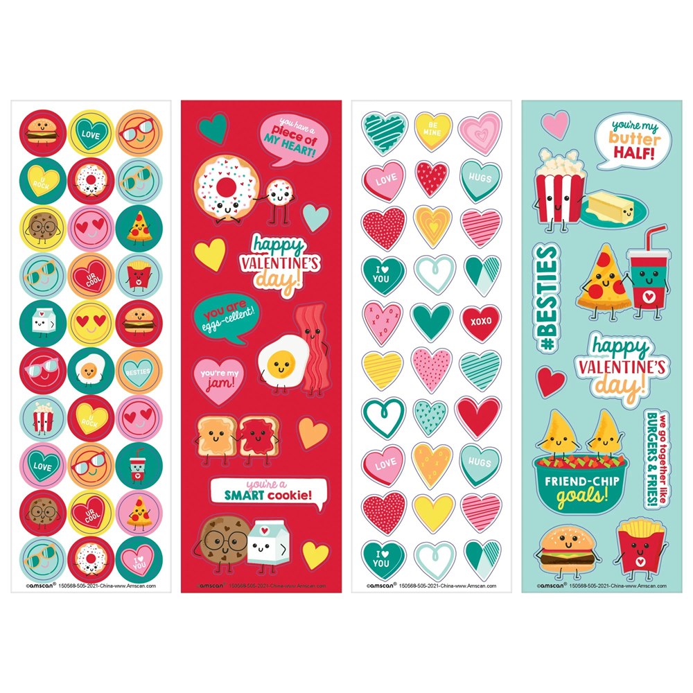 Colorful Valentine's Day stickers featuring hearts, sweets, pizza, fries, cookies, and playful text on four sheets.