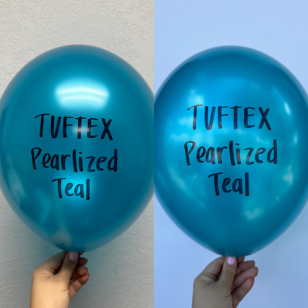 Two metallic teal latex balloons with "TUFLEX Pearlized Teal" printed in black, 5-inch round shape.