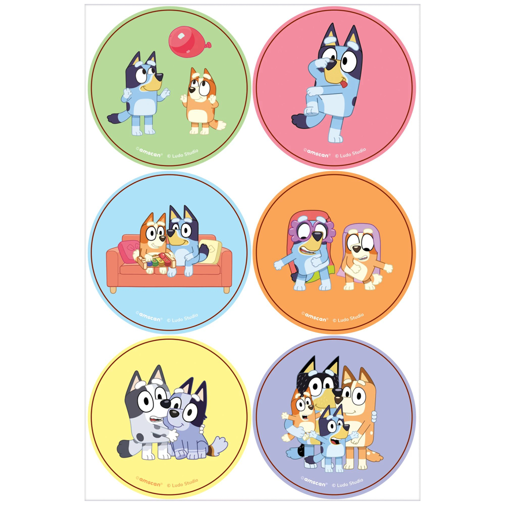 Six round stickers featuring colorful Bluey characters in playful scenes on pastel backgrounds.