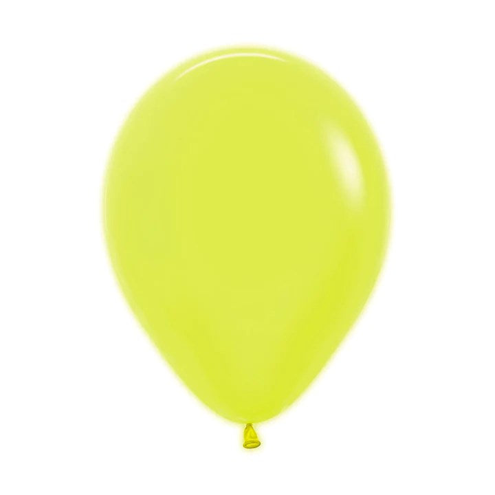 Bright neon yellow latex balloon, 11 inches, teardrop shape, glossy surface, knotted end.