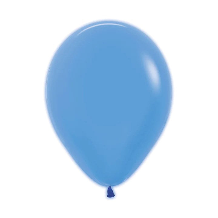 Bright neon blue latex balloon, 9-inch round shape, smooth surface, tied end.