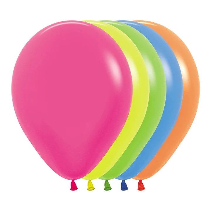 Five 5-inch latex balloons in neon pink, lime green, yellow, blue, and orange arranged side by side.