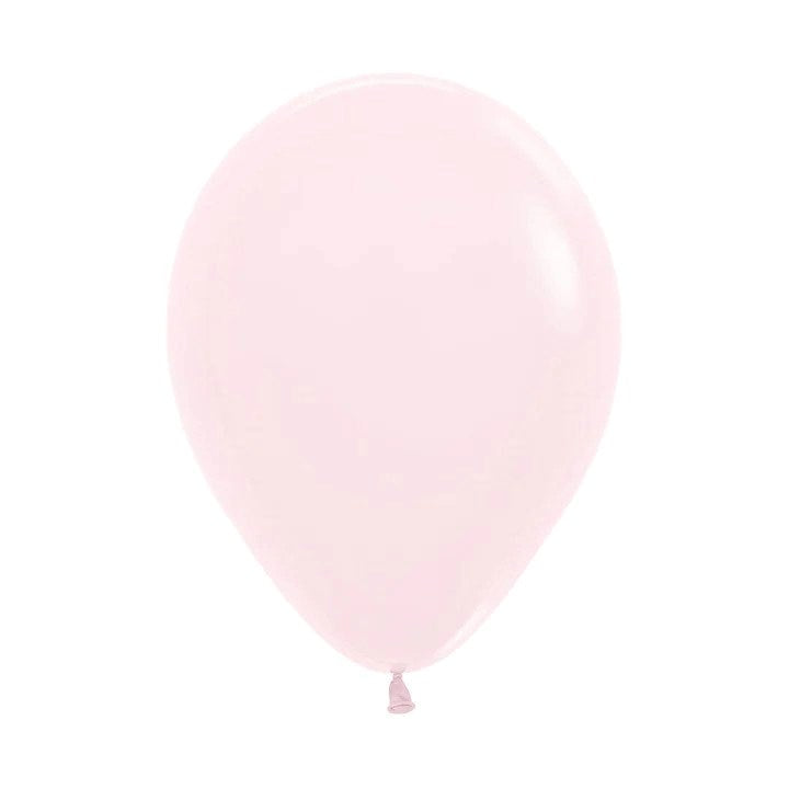 11 inch pastel matte pink latex balloon inflated, smooth surface, teardrop shape.