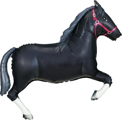 34-inch black horse-shaped foil balloon with pink bridle and white hooves.