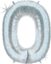 34-inch silver holographic foil balloon shaped like the number 0 with a shiny, reflective surface.