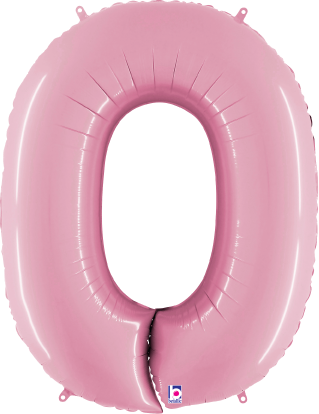 Pastel pink foil balloon shaped as the number 0, 34 inches tall, shiny surface.