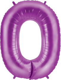 Purple metallic foil balloon shaped as the number 0, 34 inches tall, shiny surface.