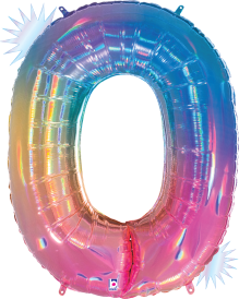 34-inch holographic foil balloon shaped like the number 0 with opal rainbow colors.