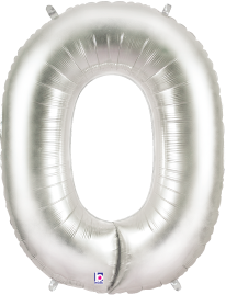 Silver foil balloon shaped as the number 0, 34 inches tall with a shiny metallic finish.