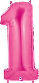 Pink shaped foil balloon in the form of the number 1, 34 inches tall, shiny surface.