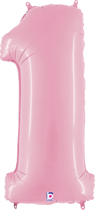 34-inch pastel pink foil balloon shaped as the number 1 with a glossy finish.