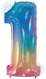 34-inch holographic foil balloon shaped like the number 1 with opal rainbow colors.