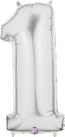 Silver foil balloon shaped like the number 1, 34 inches tall, shiny metallic finish.