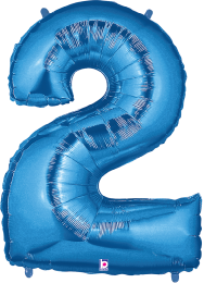 Shiny blue foil balloon shaped like the number 2, 34 inches tall.