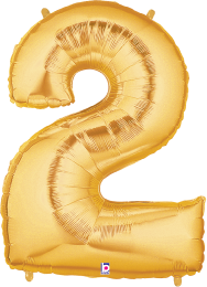 Gold foil balloon in the shape of the number 2, 34 inches tall, shiny metallic finish.