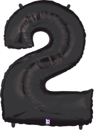 Black foil balloon shaped as the number 2, 34 inches tall with a shiny surface.
