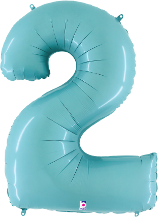 Pastel blue foil balloon shaped as number 2, 34 inches tall with a shiny finish.