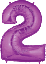 Purple foil balloon shaped as the number 2, shiny metallic finish, 34 inches tall.