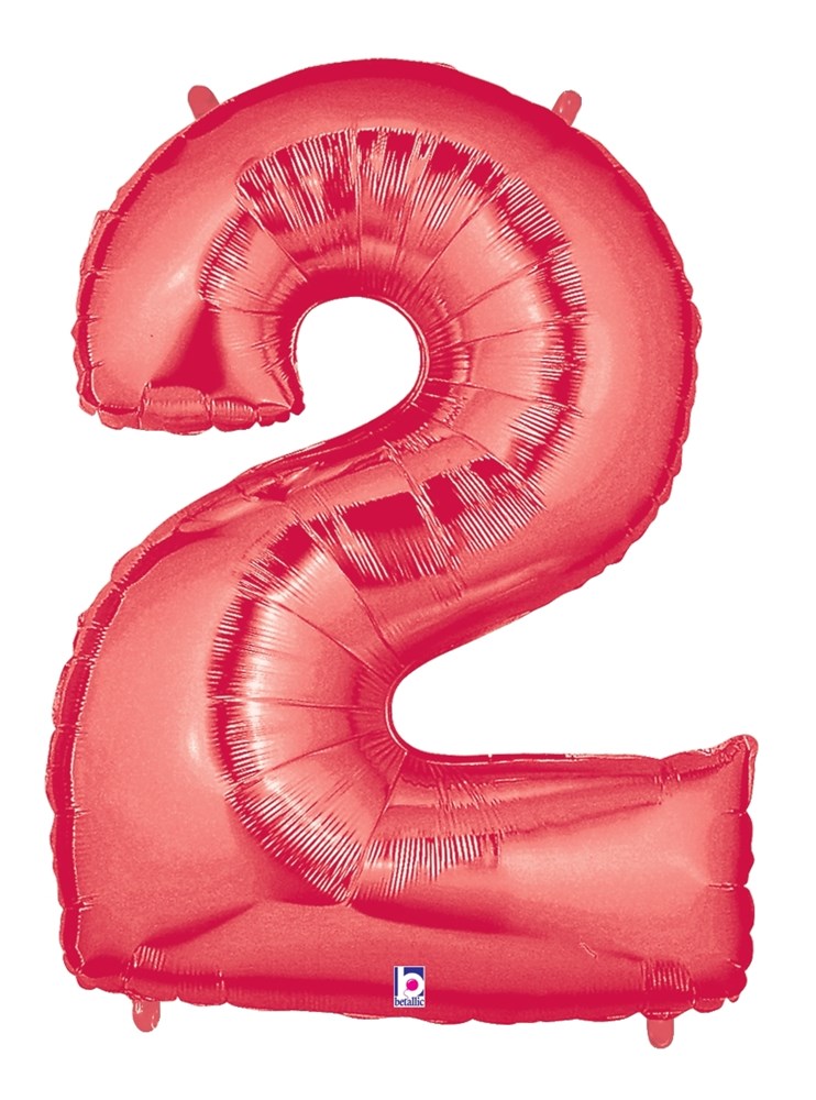 Red foil balloon shaped as the number 2, shiny metallic finish, 34 inches tall, polybagged.