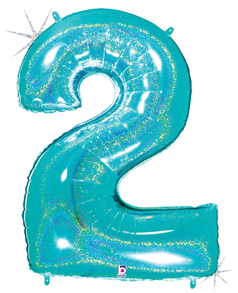 34-inch robin's egg blue foil balloon shaped like the number 2 with glitter finish.
