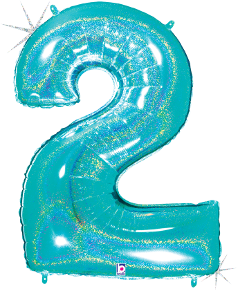 Robin's egg blue foil balloon shaped as the number 2 with glitter accents, 34 inches tall.