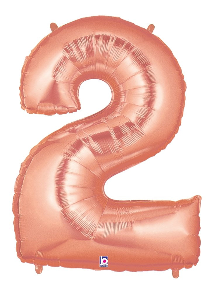 Rose gold foil balloon shaped as the number 2, 34 inches tall, shiny metallic finish.