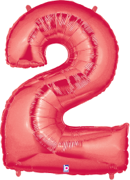 Red foil balloon shaped as number 2 with a shiny metallic finish, 34 inches tall.