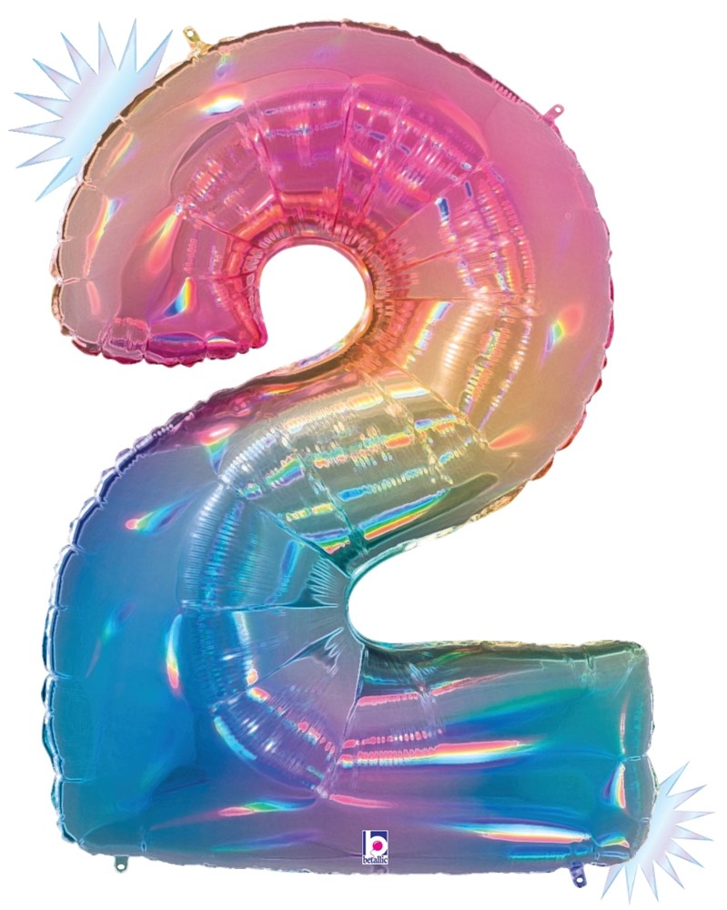 34-inch holographic foil balloon shaped like the number 2 with opal rainbow gradient colors.