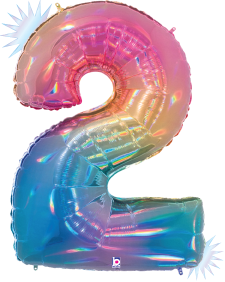 34-inch holographic foil balloon shaped like number 2 in rainbow opal colors.