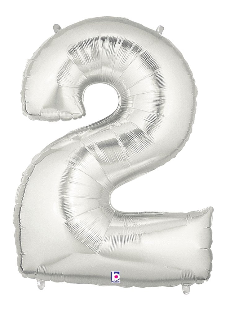 34-inch silver foil balloon shaped like the number 2 with a shiny metallic finish.
