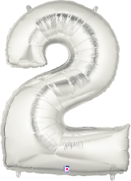 Silver foil balloon shaped like the number 2, 34 inches tall, shiny metallic finish.