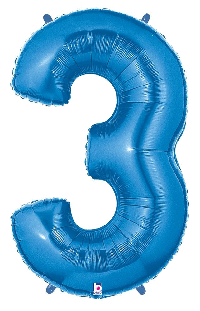 Blue metallic foil balloon shaped as the number 3, 34 inches tall, inflated.