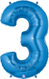 Blue foil balloon shaped like the number 3, shiny metallic finish, 34 inches tall.