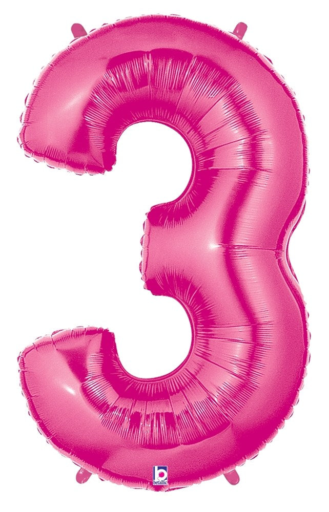Pink metallic foil balloon shaped as the number 3, 34 inches tall, shiny surface.