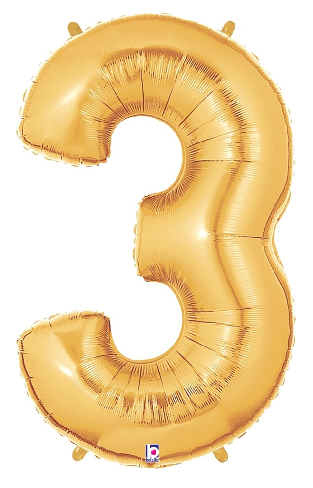 Large gold foil balloon shaped as the number 3 with a shiny metallic finish.