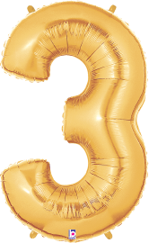 Shiny gold foil balloon shaped as number 3 with 34-inch height and smooth reflective surface.