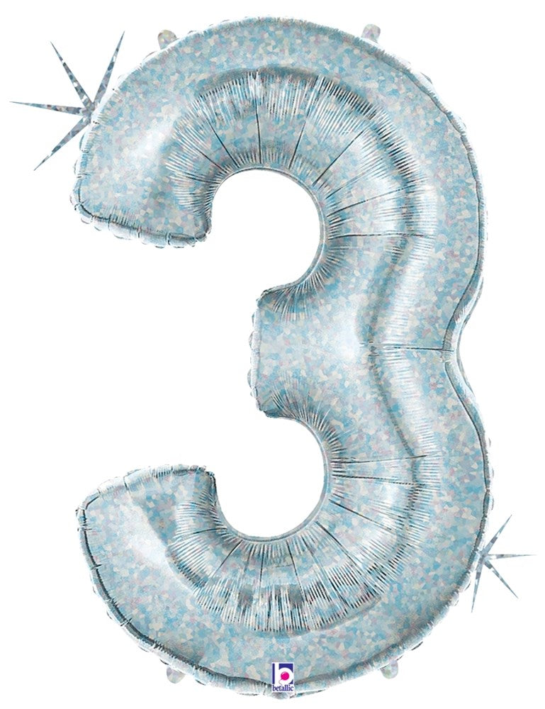 Silver holographic foil balloon shaped as the number 3, 34 inches tall.