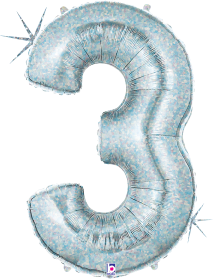 34-inch silver holographic foil balloon shaped like the number 3 with reflective surface.